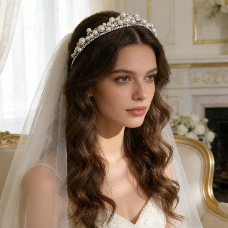 Simple Chic Pearl Rhinestone Tiara Bridal Hairpiece Wedding Hair Accessories