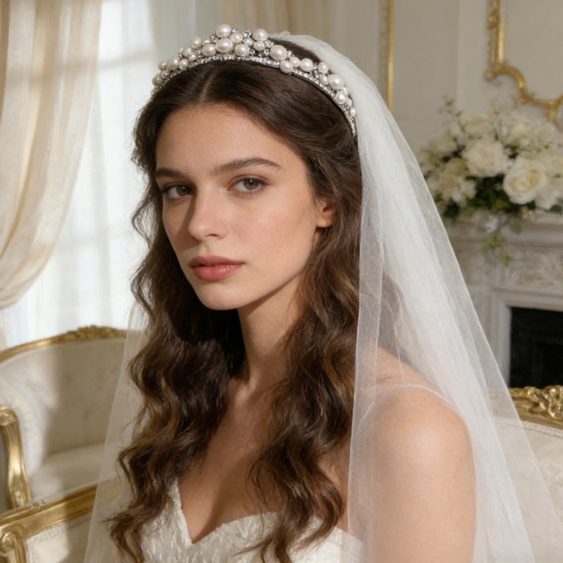 Simple Chic Pearl Rhinestone Tiara Bridal Hairpiece Wedding Hair Accessories