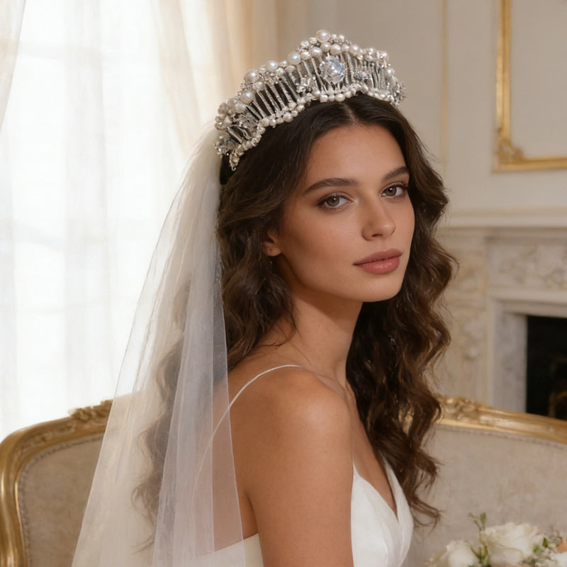 Pearl Bridal Tiara Women Wedding Big Crown for Decoration