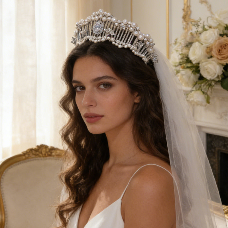 Pearl Bridal Tiara Women Wedding Big Crown for Decoration