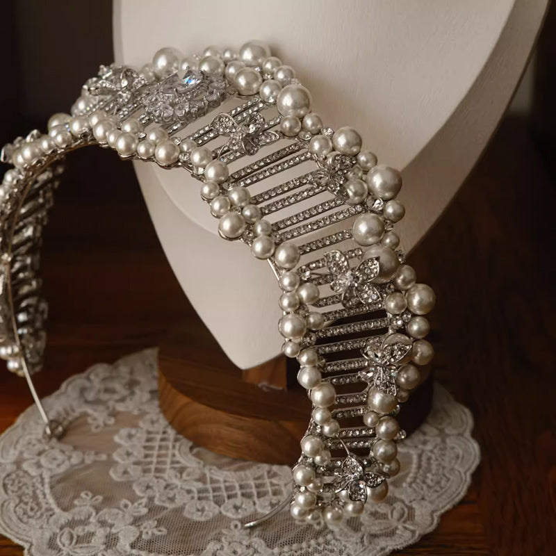Pearl Bridal Tiara Women Wedding Big Crown for Decoration