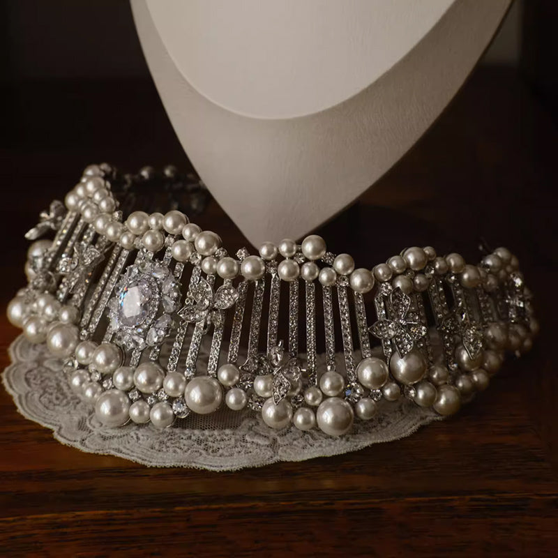 Pearl Bridal Tiara Women Wedding Big Crown for Decoration
