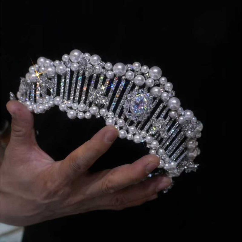Pearl Bridal Tiara Women Wedding Big Crown for Decoration