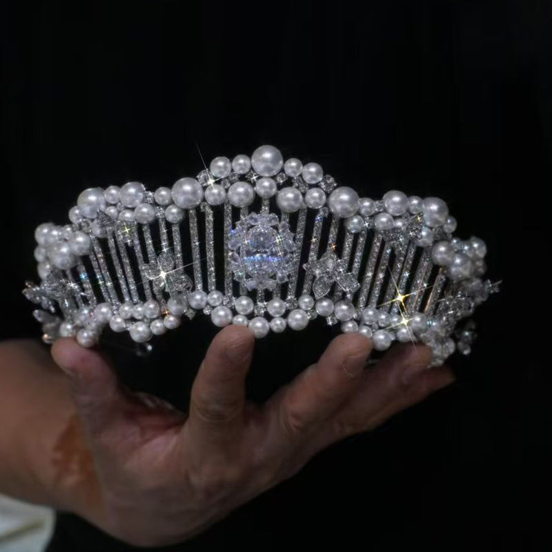 Pearl Bridal Tiara Women Wedding Big Crown for Decoration
