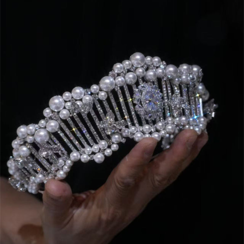 Pearl Bridal Tiara Women Wedding Big Crown for Decoration