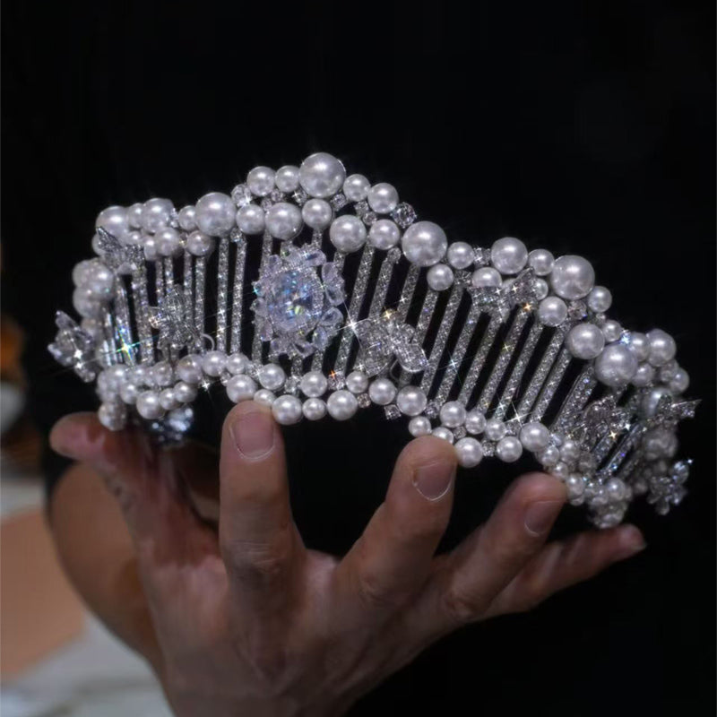 Pearl Bridal Tiara Women Wedding Big Crown for Decoration