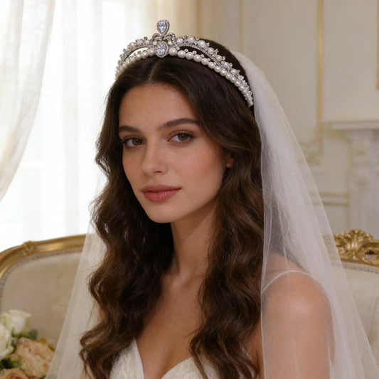 Elegant Pearl Diamond Princess Tiara for Bridal Bridesmaid Crown