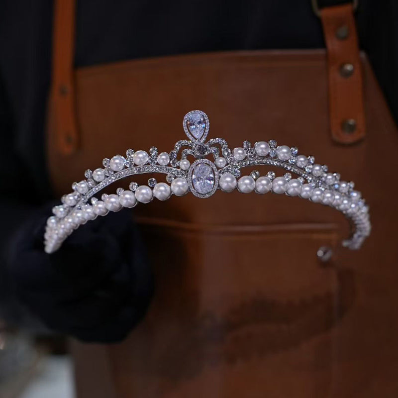 Elegant Pearl Diamond Princess Tiara for Bridal Bridesmaid Crown