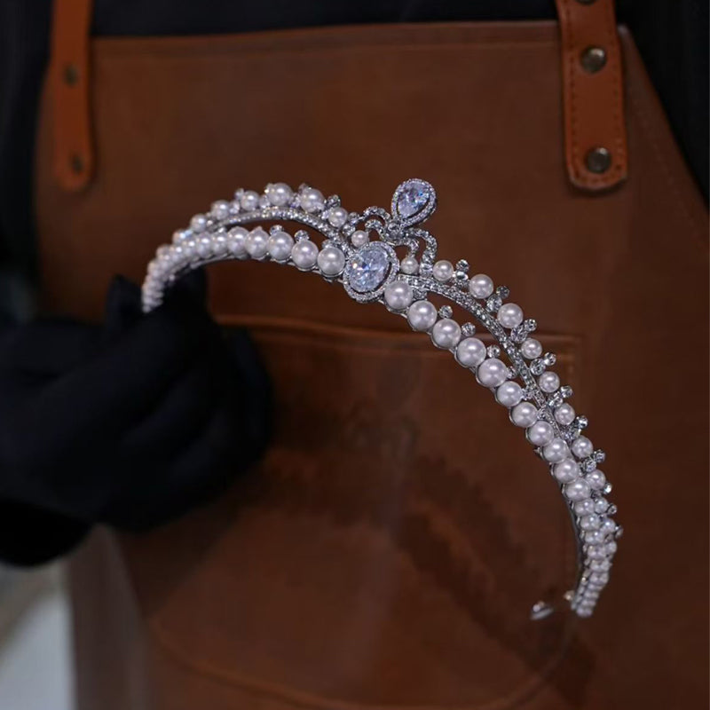 Elegant Pearl Diamond Princess Tiara for Bridal Bridesmaid Crown