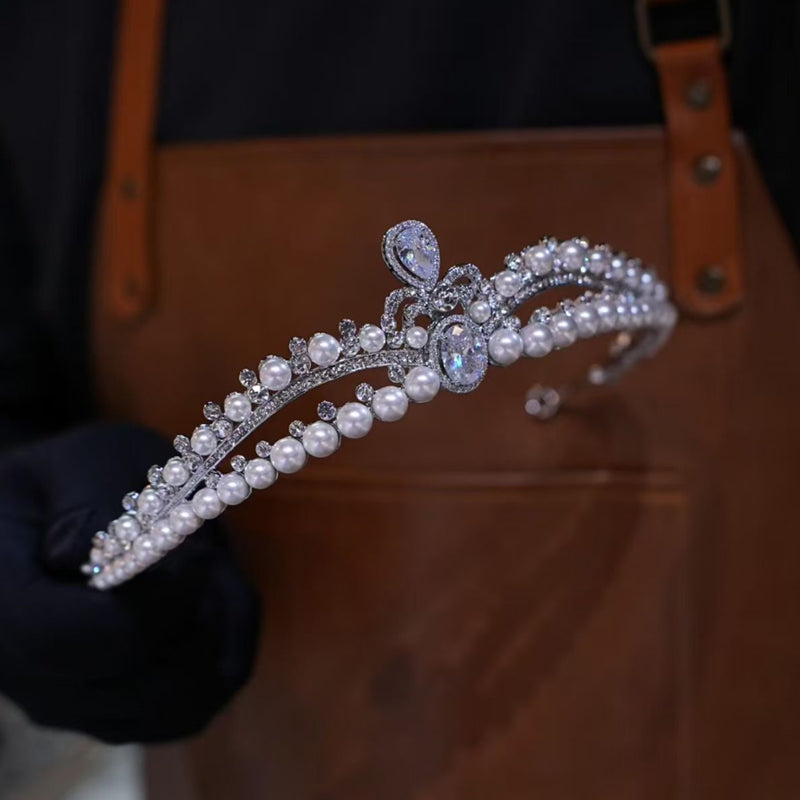 Elegant Pearl Diamond Princess Tiara for Bridal Bridesmaid Crown