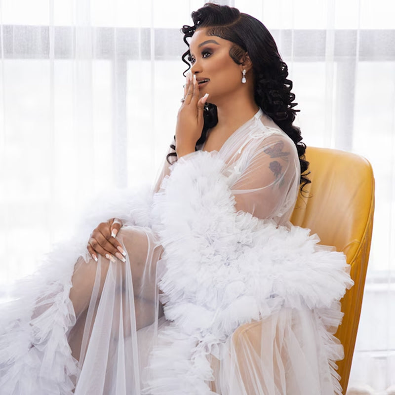 Luxury White Puffy Sleeve Ruffle Tulle Kimono Robe,Plus Size Bridal Shower Maternity Photography Robe