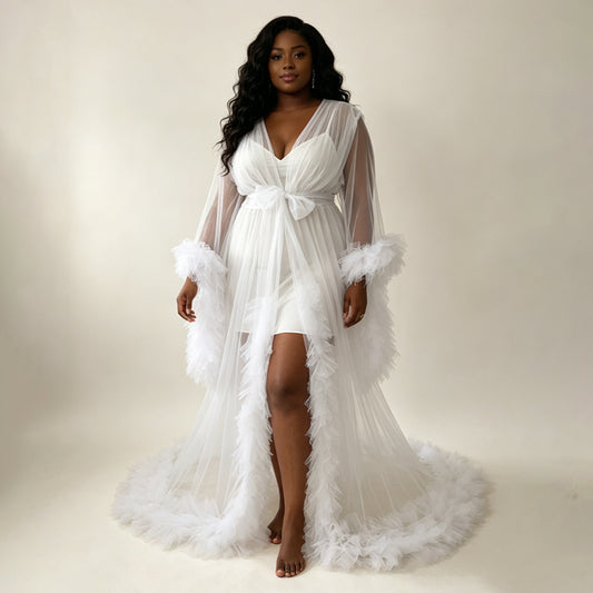 White Plus Size Bridal Tulle Maternity Robe Trim Long Train Wedding Getting Ready Robe