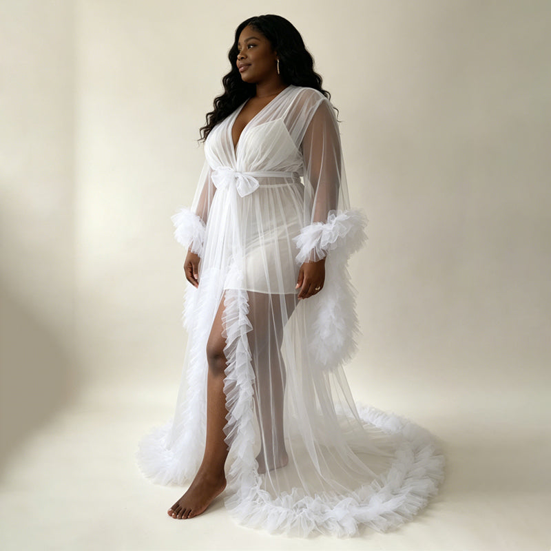 White Plus Size Bridal Tulle Maternity Robe Trim Long Train Wedding Getting Ready Robe