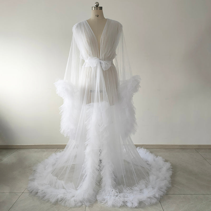 White Plus Size Bridal Tulle Maternity Robe Trim Long Train Wedding Getting Ready Robe