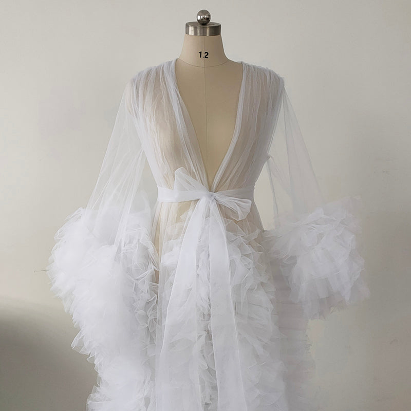 Luxury White Puffy Sleeve Ruffle Tulle Kimono Robe,Plus Size Bridal Shower Maternity Photography Robe