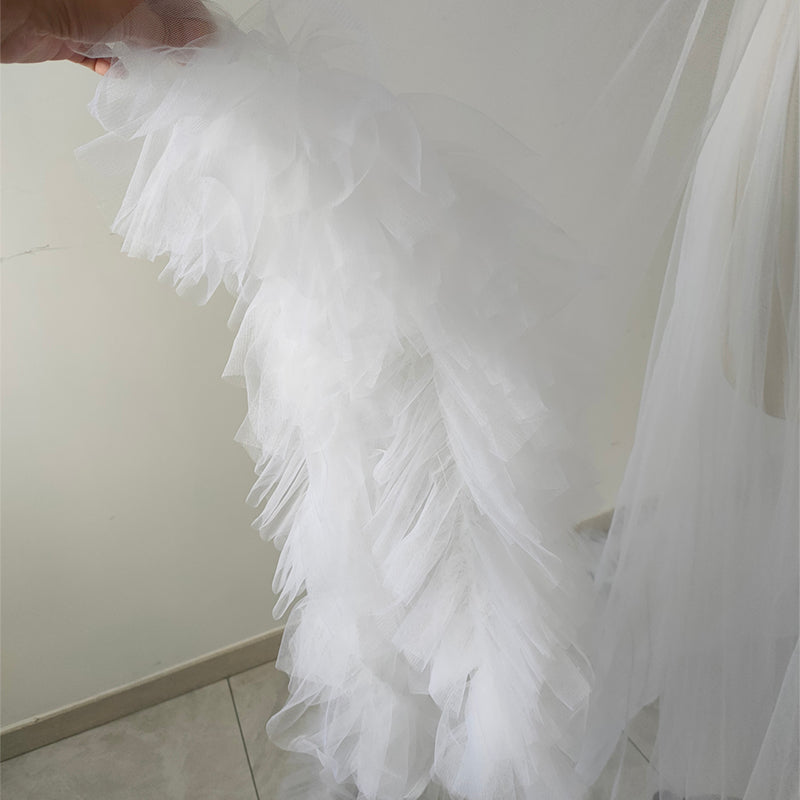 White Plus Size Bridal Tulle Maternity Robe Trim Long Train Wedding Getting Ready Robe