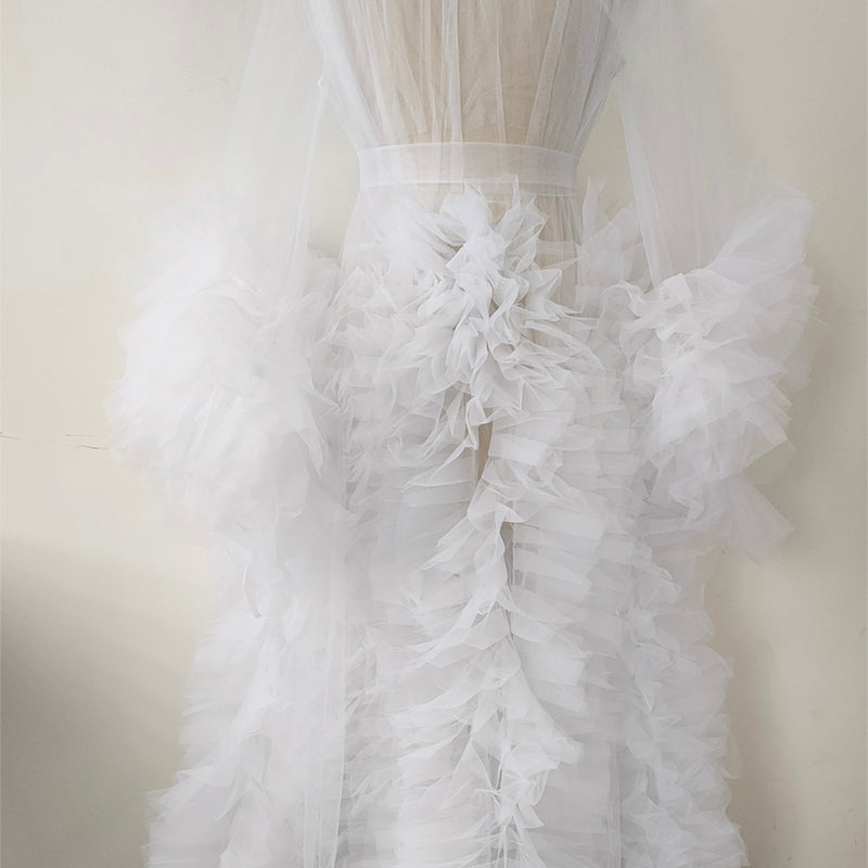Luxury White Puffy Sleeve Ruffle Tulle Kimono Robe,Plus Size Bridal Shower Maternity Photography Robe