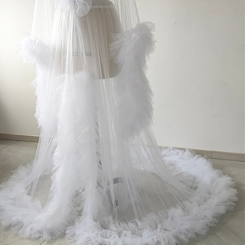 White Plus Size Bridal Tulle Maternity Robe Trim Long Train Wedding Getting Ready Robe