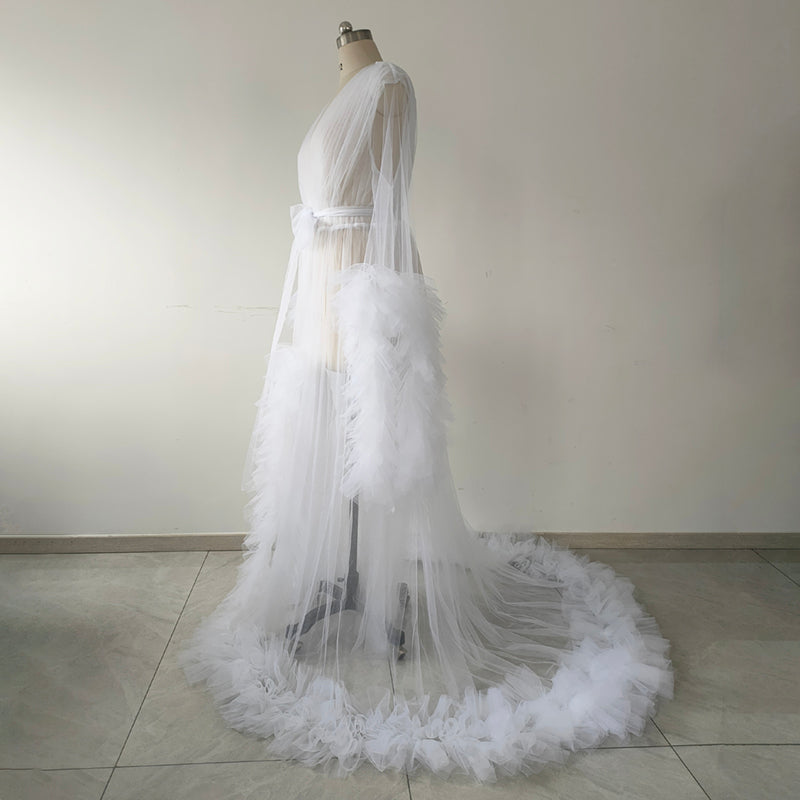White Plus Size Bridal Tulle Maternity Robe Trim Long Train Wedding Getting Ready Robe
