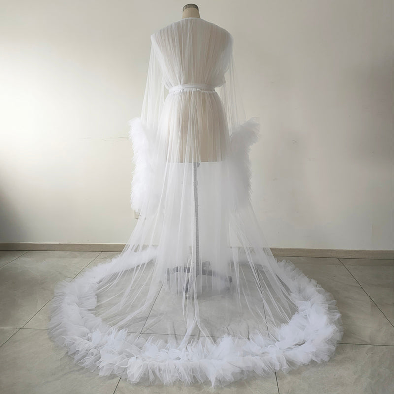 White Plus Size Bridal Tulle Maternity Robe Trim Long Train Wedding Getting Ready Robe