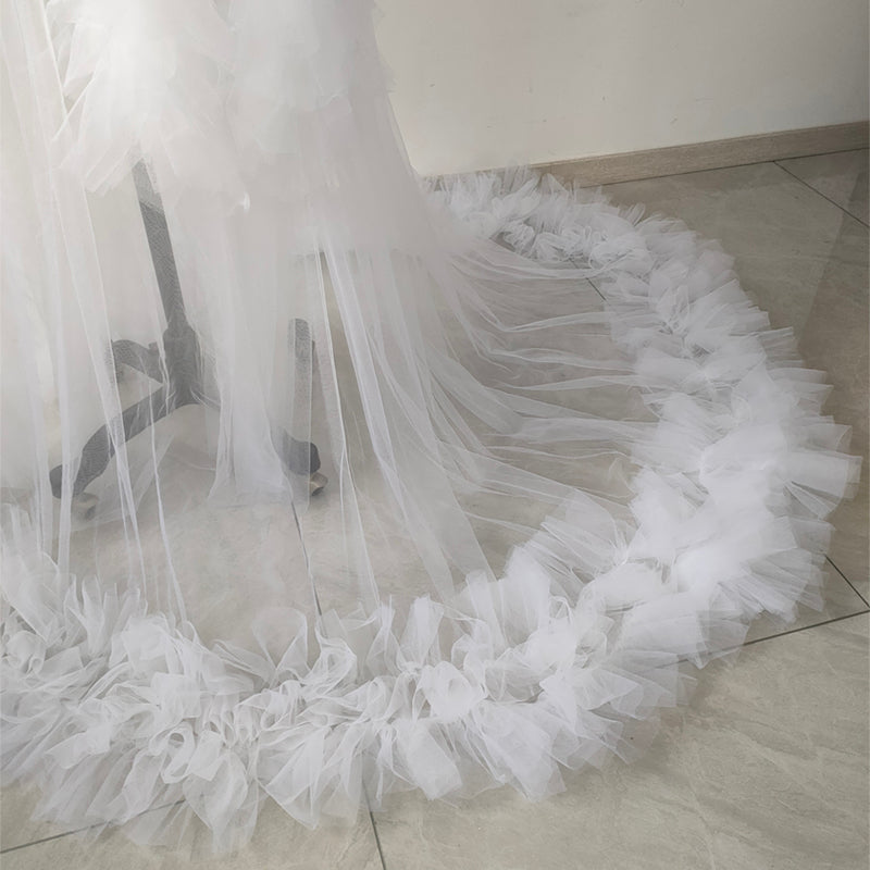 White Plus Size Bridal Tulle Maternity Robe Trim Long Train Wedding Getting Ready Robe