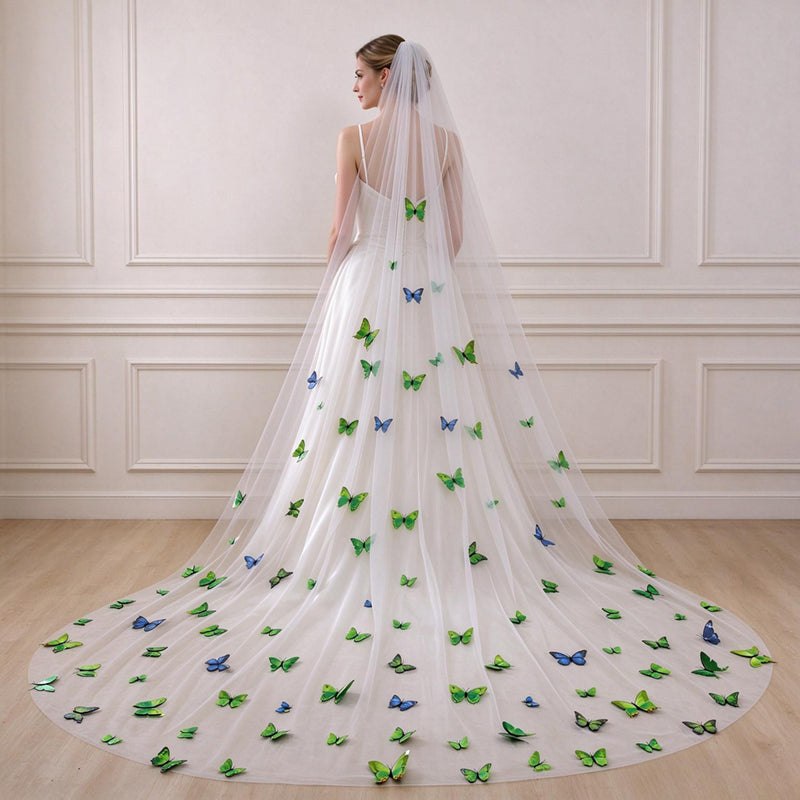 3D Butterfly Applique Tulle Wedding Bridal Long Cathedra Veil
