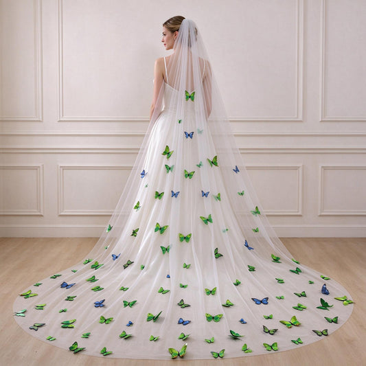 3D Butterfly Applique Tulle Wedding Bridal Long Cathedra Veil