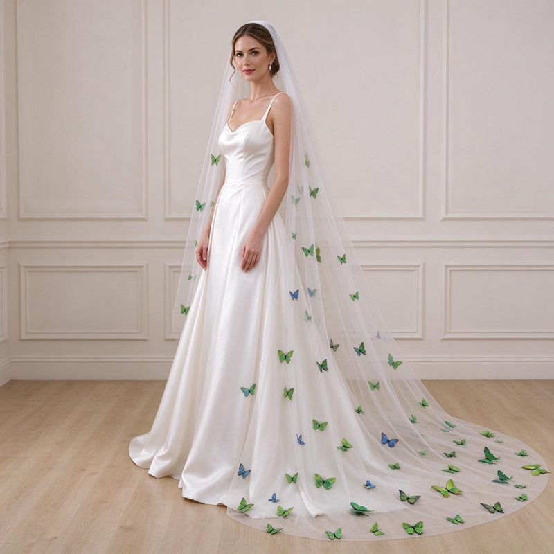 3D Butterfly Applique Tulle Wedding Bridal Long Cathedra Veil