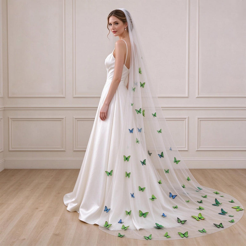 3D Butterfly Applique Tulle Wedding Bridal Long Cathedra Veil