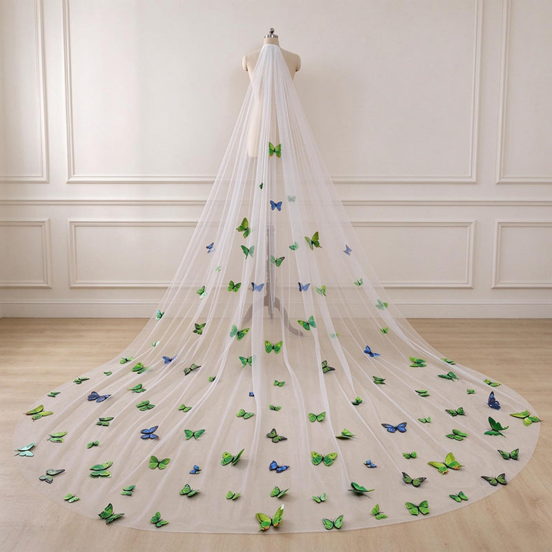 3D Butterfly Applique Tulle Wedding Bridal Long Cathedra Veil