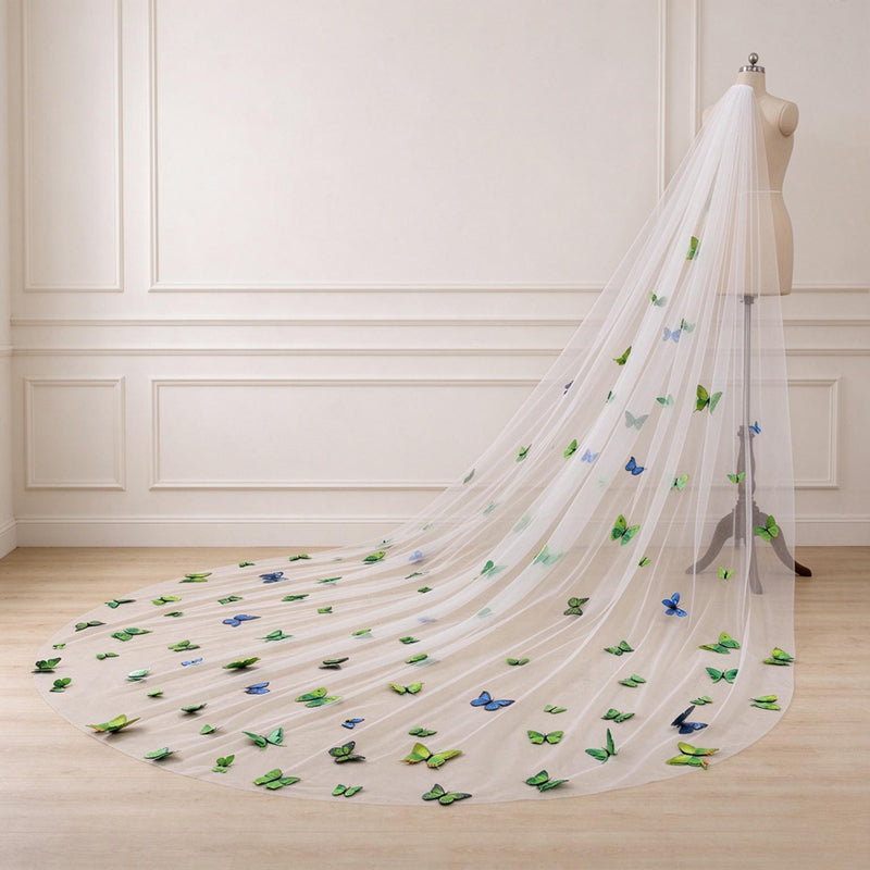 3D Butterfly Applique Tulle Wedding Bridal Long Cathedra Veil