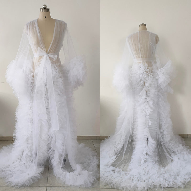Luxury White Puffy Sleeve Ruffle Tulle Kimono Robe,Plus Size Bridal Shower Maternity Photography Robe