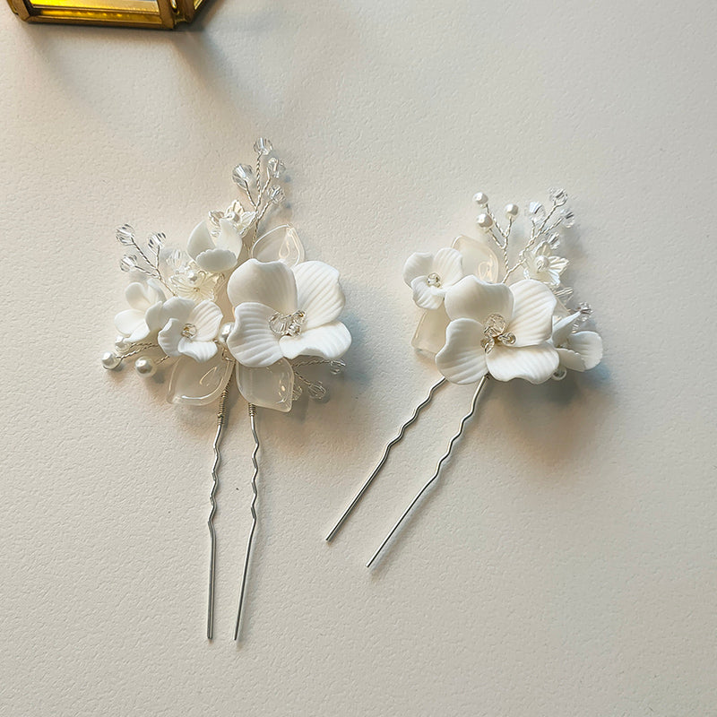 Bridal Hair Pins Handmade Crystal Headpiece Wedding Ceramic Flower